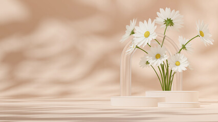 3d rendering template of white podium in landscape with blurred glass arch and daisy flower