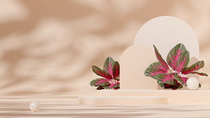 3D render template white and peach podium in landscape with red chinese evergreen, sphere and arch