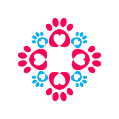 Dog Paw Love with a heart-shaped frame of dog tracks and trails. Dog or cat Love Heart with cute paw print vector in floral design. Ornamental circular pattern frame for pet lovers.	
