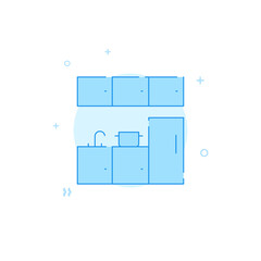Kitchen set vector icon. Flat illustration. Filled line style. Blue monochrome design. Editable stroke. Adjust line weight.