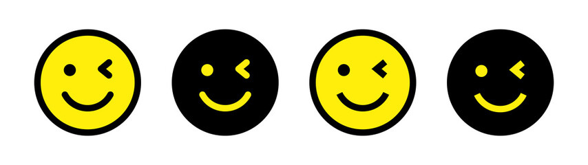 Fototapeta premium Winking eye with smiley face icon set. Wink emoticon vector illustration. Emoticon logo of a face and one eye blinking. New fashionable and trendy styles of smiley. 