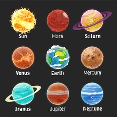 Set of cartoon planets. The solar system.
