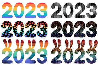 Set with 2023 rabbit numbers for new year gifts and stickers and notebooks and hobbies and holidays