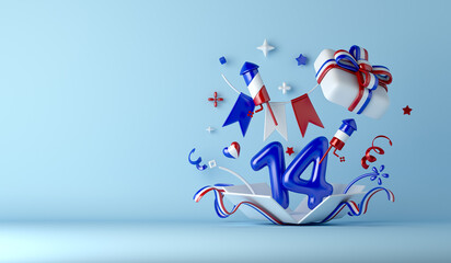 Happy Bastille Day, French National Day 14 of July decoration background with gift box firework rocket balloon flag, 3d rendering illustration