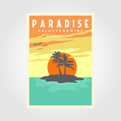 paradise sunset beach poster, Palm Tree and Water Wave vector design illustration