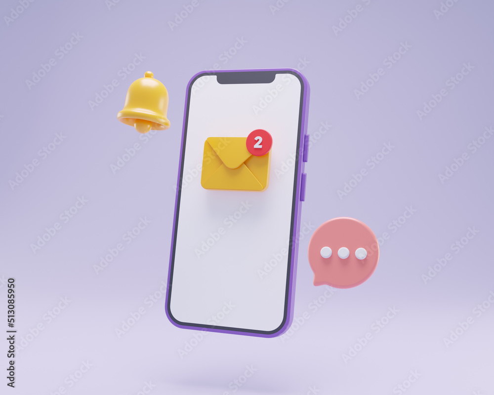 Wall mural 3d render mail envelope with bubble chat and notification bell for messaging app