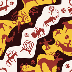 A series of petroglyphs, cave drawings, vector design, seamless pattern