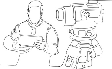 Close up of young Caucasian worker with helmet on head using tablet for work while standing in warehouse. Surveyor with a tripod icon. Geodesic tripod. Vector illustration