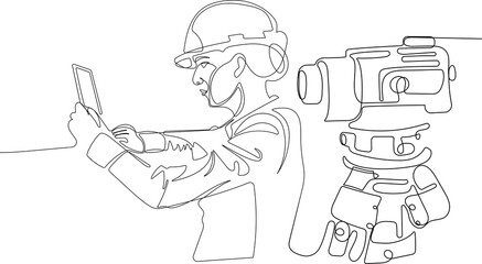 Close up of young Caucasian worker with helmet on head using tablet for work while standing in warehouse. Surveyor with a tripod icon. Geodesic tripod. Vector illustration