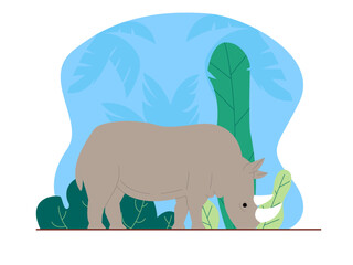 Rhino in jungle. Animal and jungle theme. Jungle vector illustration.  	