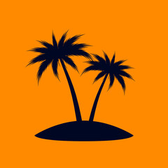 Coconut Trees or Tropical Palm Trees on Orange Backdrop. Simple Black Silhouette for Eco Floral Logotype Emblem in Retro Art, or Travel Logo Design