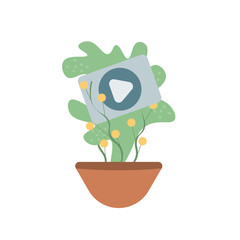 Uploads content with content, plant in a pot. Vector illustration. Cartoon minimal style.