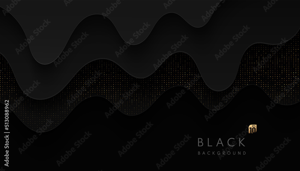Canvas Prints abstract black wavy shape overlap layers with glowing golden glitter dots on dark background. luxury