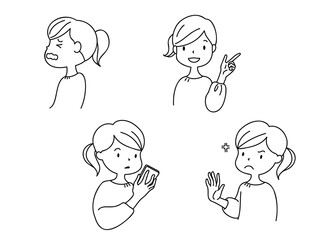 手描きの女性の線画イラストセット