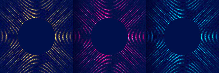 Set of abstract pink, blue, green, golden glowing light dot glitter radial pattern on dark blue background. Collection of illuminate dots halftone. Futuristic technology concept. Vector illustration