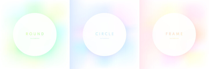 Set of white circle frame on pastel color background. Abstract blue, pink-purple, green round scene. Glowing vibrant color on geometric background. Top view podium design. Vector EPS10.