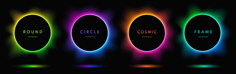 Blue, red-purple, green illuminate light frame collection design. Abstract cosmic vibrant color circle border. Top view futuristic style. Set of glowing neon lighting isolated on black background. - obrazy, fototapety, plakaty