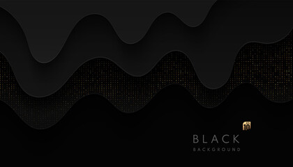 Abstract black wavy shape overlap layers with glowing golden glitter dots on dark background. Luxury and elegant template with copy space. Can use for brochure, poster, banner web, print. Vector EPS10