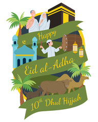 Illustration of a Muslim praying during the pilgrimage on Eid al-Adha with the background of the Kaaba and animals such as camel, cows and goats