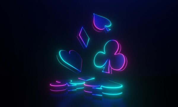 Playing cards symbols with neon glow on black background - 3d illustration