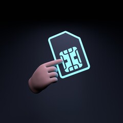 Hand holding neon sim card icon. 3d render illustration. - obrazy, fototapety, plakaty