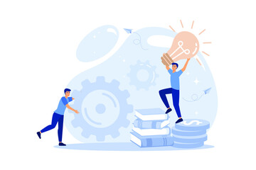 little people links of mechanism, business mechanism, abstract background with gears, people are engaged in business promotion, strategy analysis, communication. flat design modern illustration