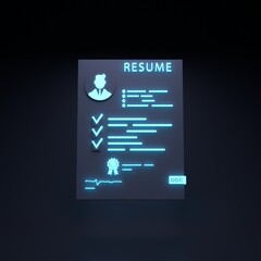 Candidate resume neon icon. Personnel search concept. 3d render illustration.