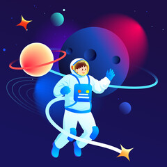 Naklejka premium Astronaut is exploring space with universe and planets in the background, vector illustration