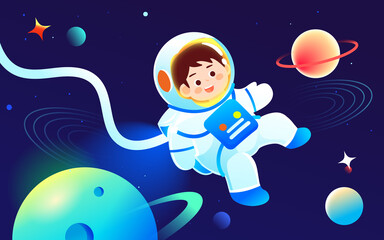 Astronaut is exploring space with universe and planets in the background, vector illustration