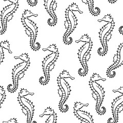 Seamless pattern with seahorse. Marine background.  Hand drawn vector illustration in sketch style.