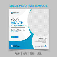 Modern banner design with blue color decoration and place for the photo. Colorful Medical social media post template. Medical social media post design template