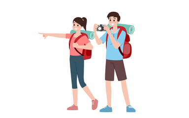 Fototapeta premium Group of young tourist characters. Traveling tourists with travel backpack going on vacation trip after covid-19 virus was diminish. Vacation people isolated vector. Summer character, woman and man.