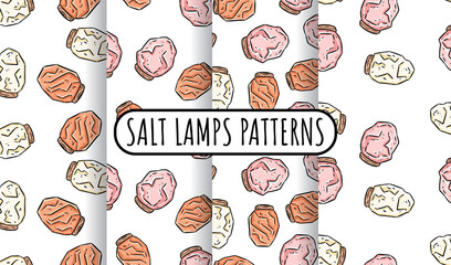 Himalayan salt lamps doodles seamless patterns collection. Modern indigenous backgrounds set with salt crystals. Relax concept cozy style template texture background tiles