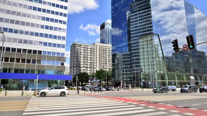 Urban landscape with street and buildings.