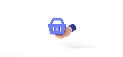 Fototapeta premium Shopping, Basket with Hand Holding Isolated on background, icon, Gesture, Cartoon, 3d rendering.