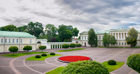 Historic presidential palace of Vilnius, Lithuania. Panoramic view on a cloudy day.