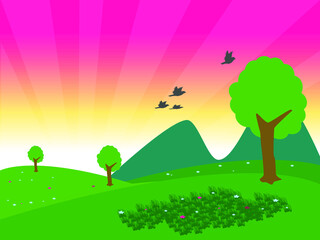 sunrise landscape with green hill trees birds mountains  