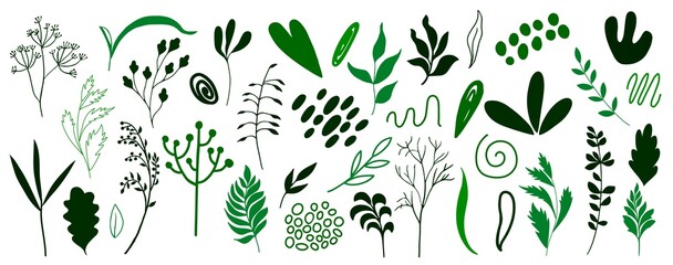 Organic shapes, plants, spots, lines, dots. Vector set of minimal trendy abstract hand drawn isolated elements for graphic design - obrazy, fototapety, plakaty