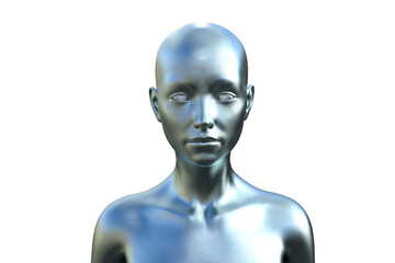 3D render portrait of a silver bald woman on a white background.
