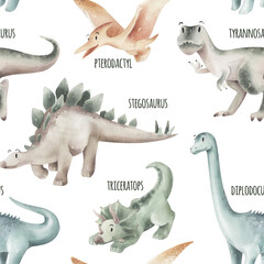 Seamless pattern of watercolor dinosaurs and names isolated. © Aleksandra Baianova