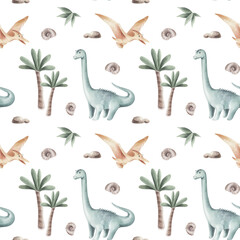 Seamless pattern of watercolor dinosaurs and prerhistoric plant and seashell isolated. © Aleksandra Baianova