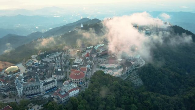 Aerial view of french village Bana hills , Da nang Vietnam, Slow motion cinematic, 4K footage.