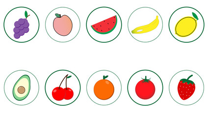 Set of fruit, avocado, strawberry, lemon, grape, watermelon, peach, orange, banana, and cherry illustration on white background for your design