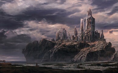Naklejka premium Fantasy world backgrounds with castles,buildings,mountains,alien planet,different world