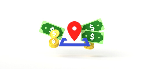 Address, Location Marker with Coin and Bill on isolated background, Money, Stack, 3D rendering.