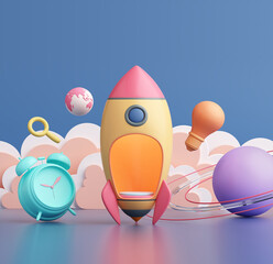 imagination creative spaceship take off cute cloud kid galaxy space display podium product startup school online learn education idea science technology with saturn light bulb globe. 3D illustration. © chawalit