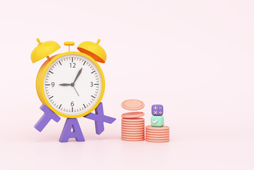 Tax payment annual compulsory financial charge legal individual income tax government organization order spending expenditures. coins and clock time alarm tax reminder. clipping path. 3D Illustration.