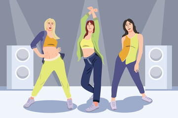 Happy dancing girl. Friends cover dance, club female dancers. Exciting music party, cartoon characters Vector illustration.