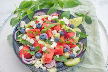 watermelon salad with feta cheese and blueberries