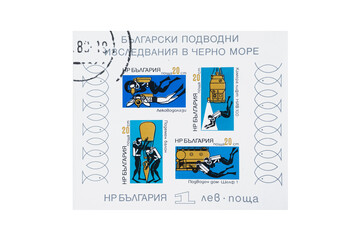 A stamp printed in Bulgaria shows Diver, Undersea research in the Black Sea series set, circa 1973.  Cancelled used stamp. postal seal